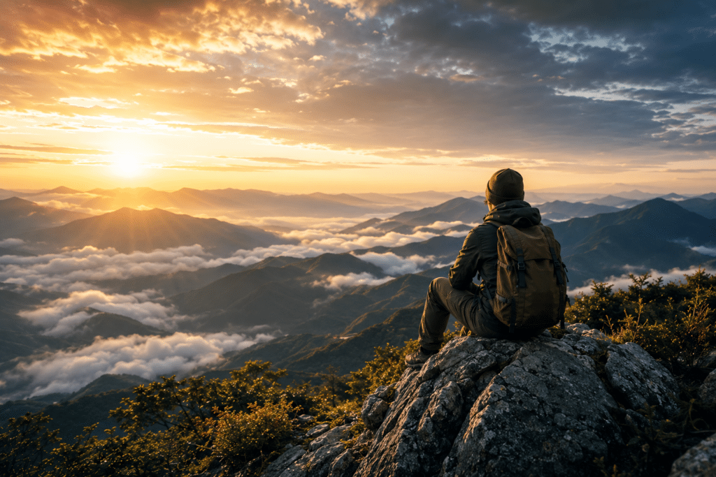 Hiker resting on a rocky mountain summit overlooking mist-covered peaks at golden sunrise